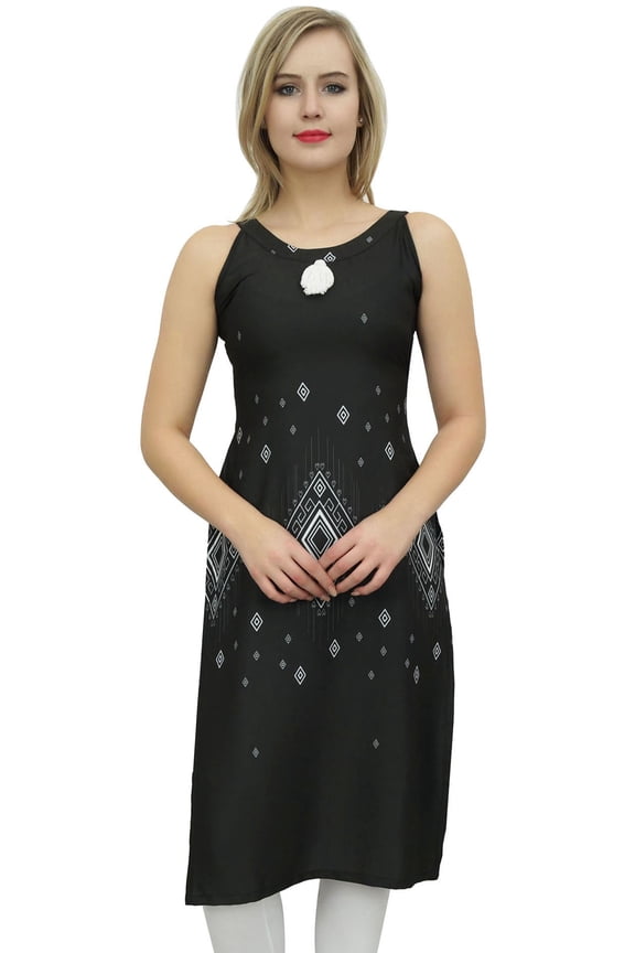 Womens Black Moss Georgette Kurti With Tassel Summer Wear Tunic Blouse-26