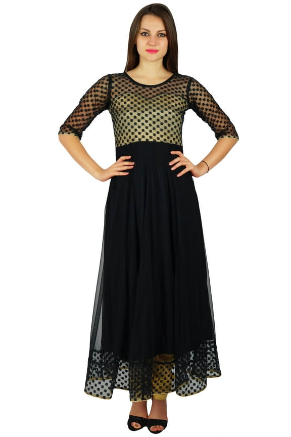 Womens Black Net Anarkali Kurta Kurti Long Formal Dress Chic Clothing