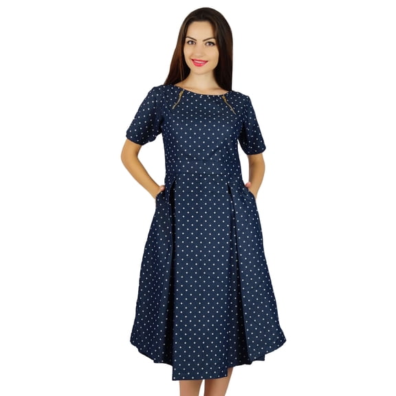 Bimba Womens Blue Cotton Pleated Dress With Pockets Chic Casual Midi Dresses