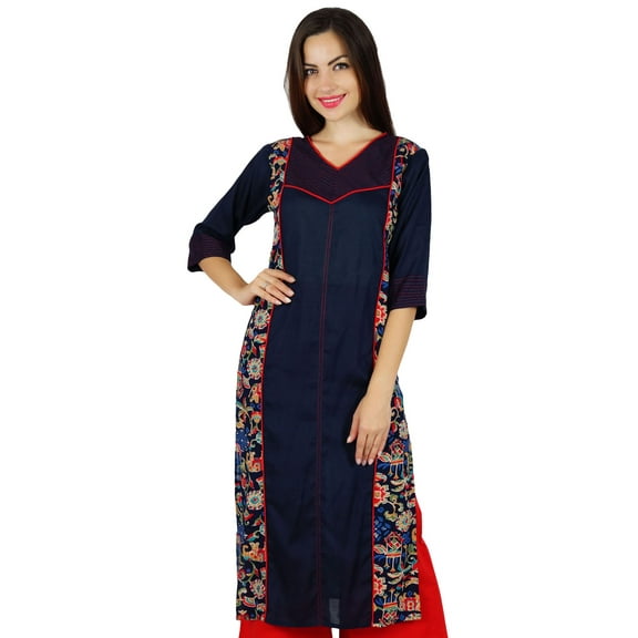 Bimba Womens Blue Kurta Straight Kurti Quarter Sleeves Indian Ethnic Tunic Long Boho Chic Blouse