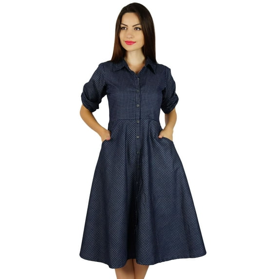 Bimba Womens Buttondown Cotton Shirt Dress With Pockets Casual Collar Neck
