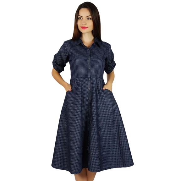 Bimba Womens Buttondown Cotton Shirt Dress With Pockets Casual Collar Neck