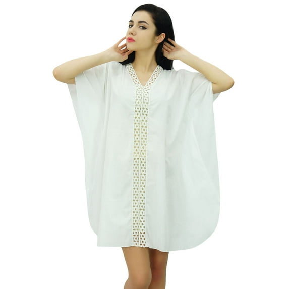 Bimba Womens Cotton Kaftan Short Caftan Sheer Lace Front Beach Coverup
