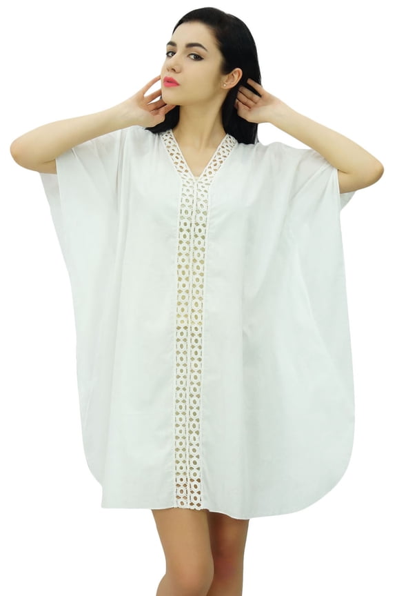 Womens Cotton Kaftan Short Caftan Sheer Lace Front Beach Coverup