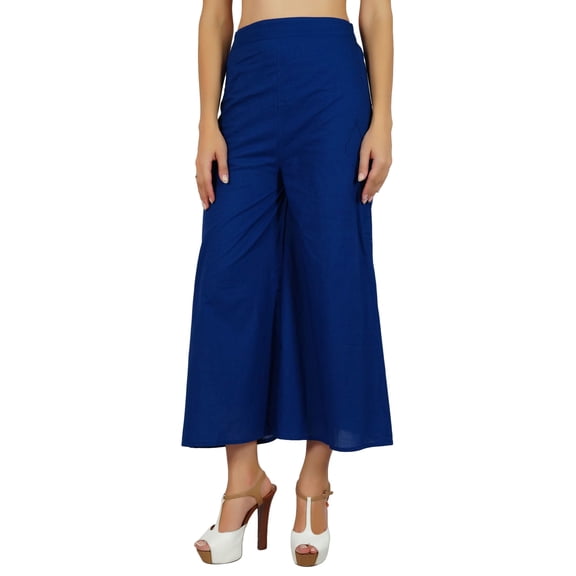 Bimba Womens Cotton Palazzo Pants Back Elastic Waist Full-Length Pajamas Blue
