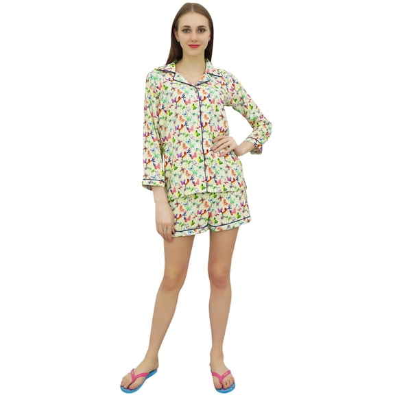 Bimba Womens Cream Rayon Printed Shorts Set Long Sleeve Sleepwear Nightwear - 4