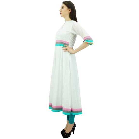 Bimba Womens Designer Cotton Kurta Long Flared Anarkali Kurti Dress With Pom-Pom