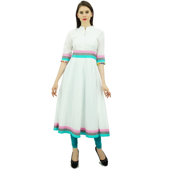 Bimba Womens Designer Cotton Kurta Long Flared Anarkali Kurti Dress With Pom-Pom