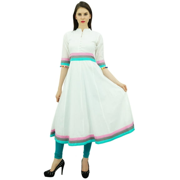 Bimba Womens Designer Cotton Kurta Long Flared Anarkali Kurti Dress With Pom-Pom
