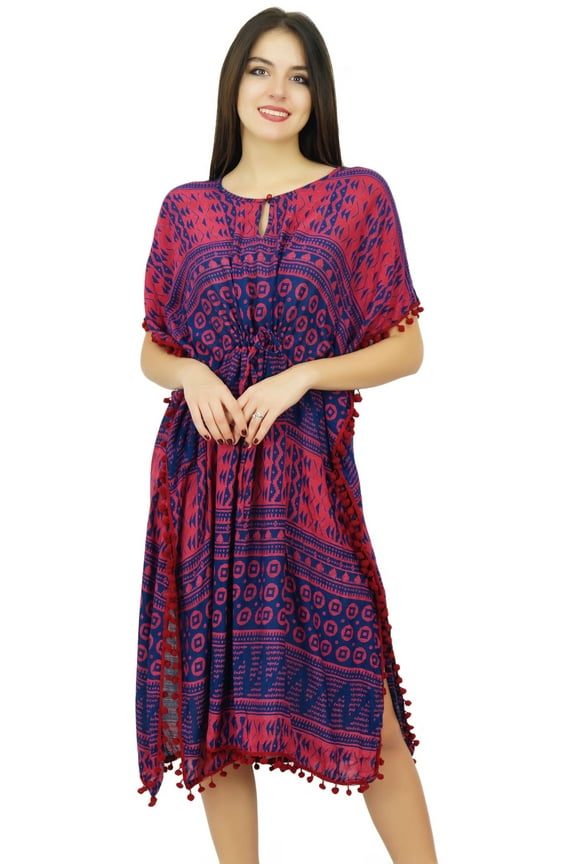 Womens Designer Printed Caftan With Pom-Pom Beach Covery Up Chic Kaftan Dress
