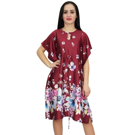 Bimba Womens Drawstring Floral Maroon Satin Kimono Bridesmaid Short Kaftan-26