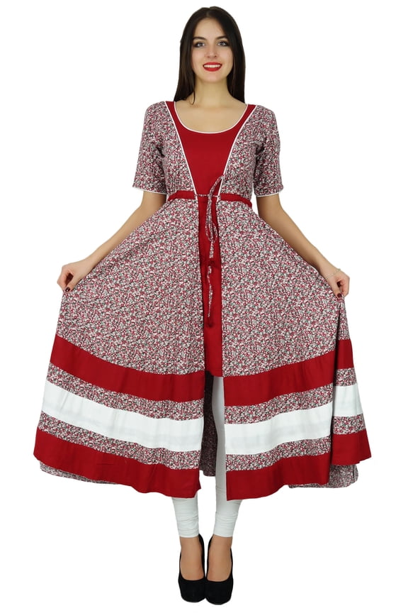 Womens Drawstring Waist Anarkali kurta Printed Kurti Designer Blouse