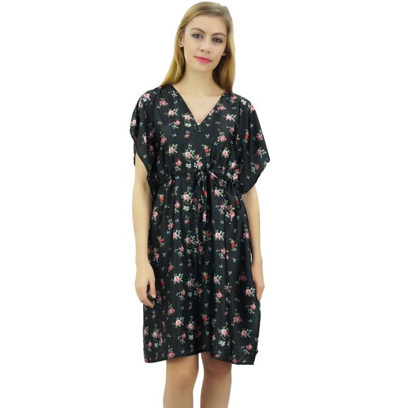 Bimba Womens Floral Black Satin Kimono Bridesmaid Drawstring Cover Up Kaftan-18