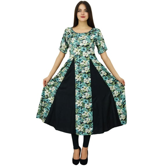 Bimba Womens Floral Print Rayon Dress Long Flaired Maxi Kurti Trendy Chic Designer Indian Clothing