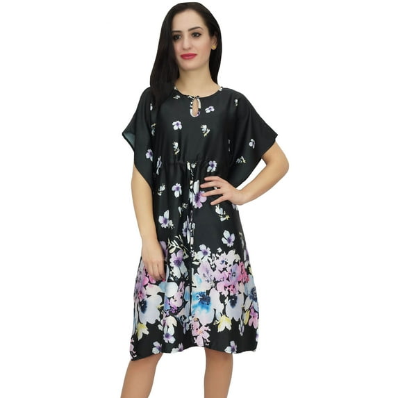 Bimba Womens Floral Satin Black Kimono Bridesmaid Drawstring Short Kaftan-16