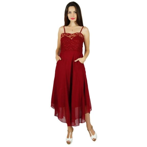 Bimba Womens Georgette Dress Sheer Shaghetti Strap Prom Dresses With Pockets