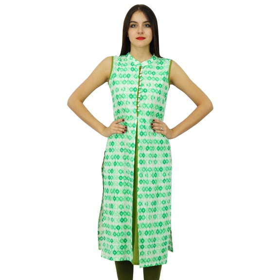 Bimba Womens Green Cotton Kurti Sleeveless Printed Kurta Tunic Blouse Clothing