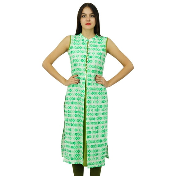 Bimba Womens Green Cotton Kurti Sleeveless Printed Kurta Tunic Blouse Clothing