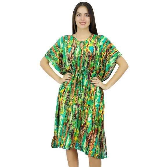 Bimba Womens Green Forest Print Rayon Caftan Beach Cover Up Sleep Wear Kaftan Dress