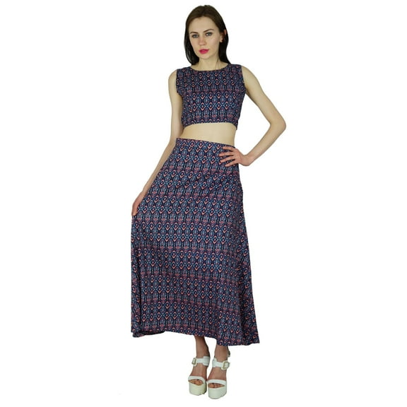 Bimba Womens Long A-Line Skirt With Crop Top Boho Bohemian Rayon Summer Clothing
