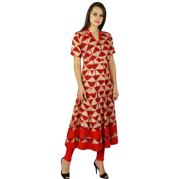 Bimba Womens Long Anarkali Kurta Kurti Half Sleeves Classic Red Dress Fashion