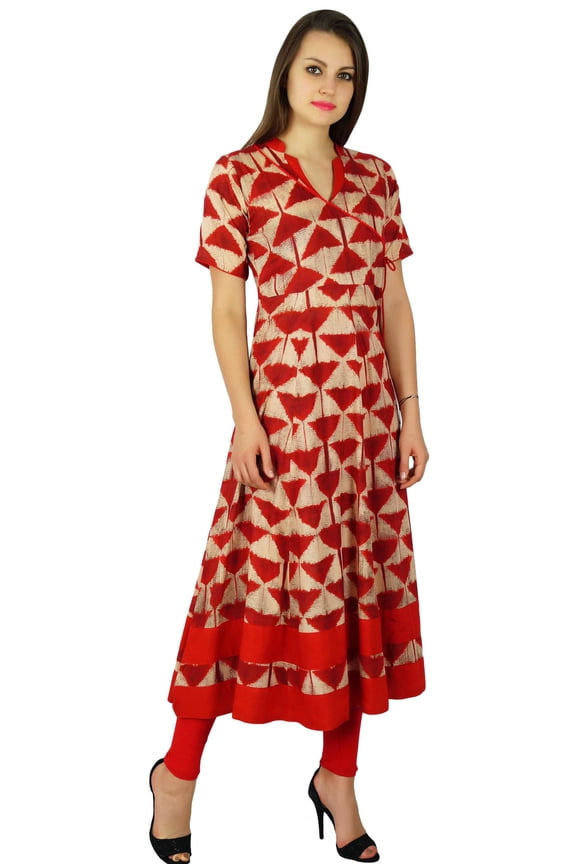 Womens Long Anarkali Kurta Kurti Half Sleeves Classic Red Dress Fashion
