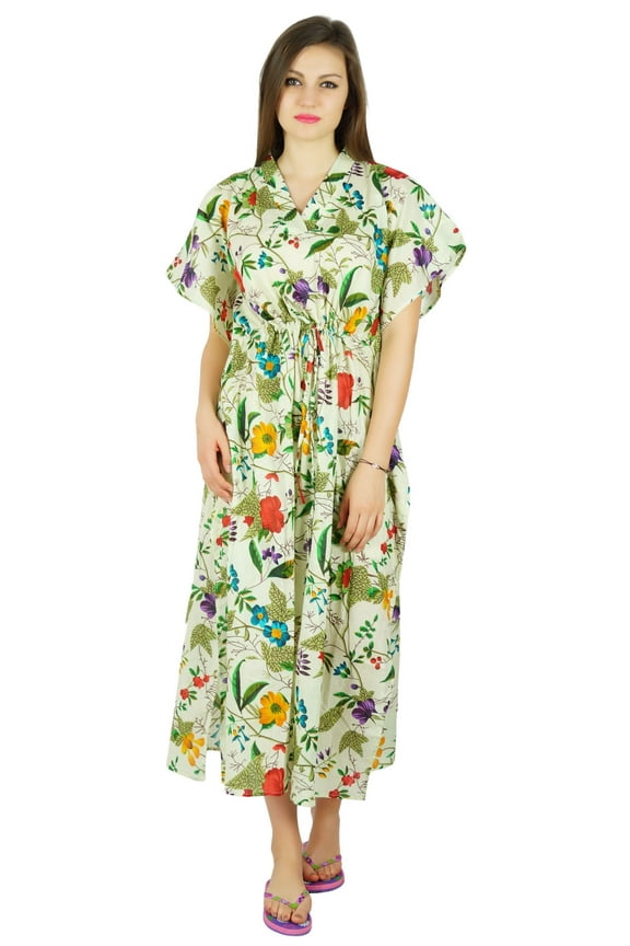 Womens Long Cotton Maxi Kaftan Drawstring Caftan Night Wear Coverup Dress