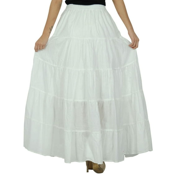 Bimba Womens Long Flaired Cotton Skirt Blue Boho Style Maxi Elastic Waist Bottoms