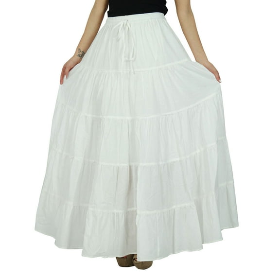Bimba Womens Long Flaired Cotton Skirt Blue Boho Style Maxi Elastic Waist Bottoms