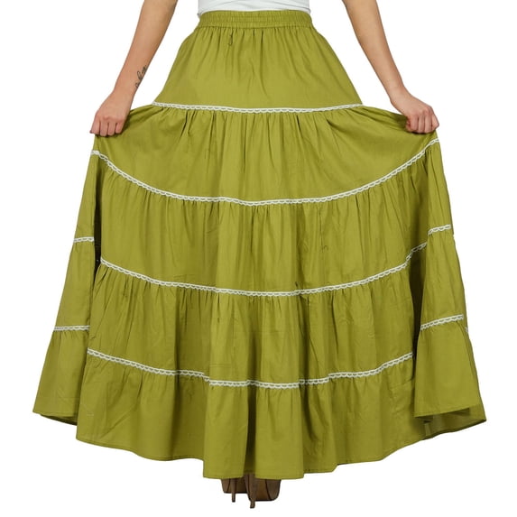 Bimba Womens Long Flaired Cotton Skirt Boho Maxi Bottoms Elastic Waist Clothing