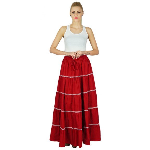 Bimba Womens Long Flaired Cotton Skirt Boho Maxi Bottoms Elastic Waist Clothing