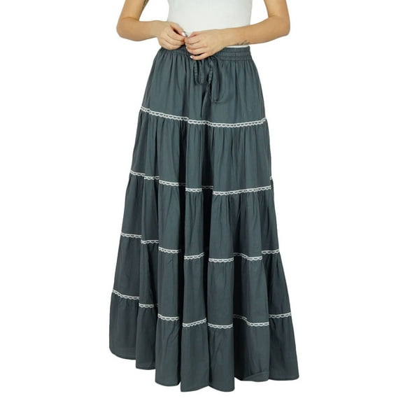Bimba Womens Long Flaired Cotton Skirt Boho Maxi Bottoms Elastic Waist Clothing