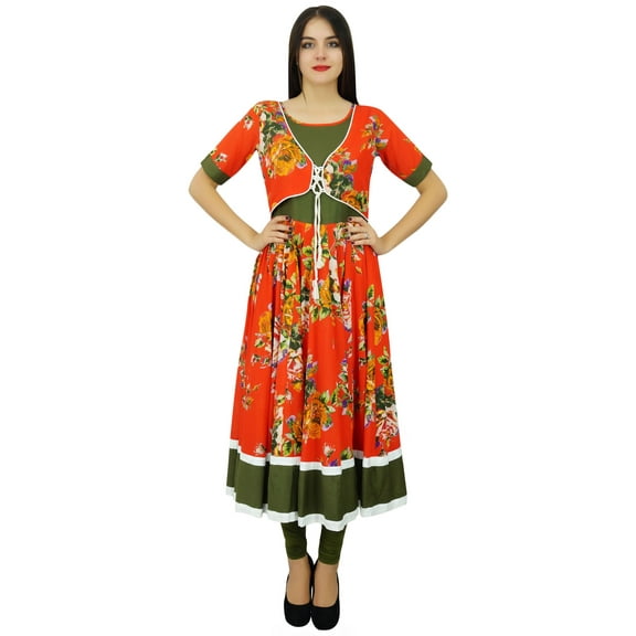 Bimba Womens Long Maxi Dress Red Designer Kurti Floral Print Kurta