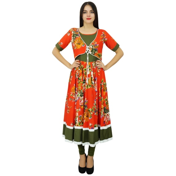 Bimba Womens Long Maxi Dress Red Designer Kurti Floral Print Kurta