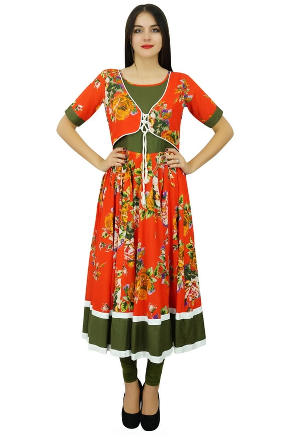 Womens Long Maxi Dress Red Designer Kurti Floral Print Kurta