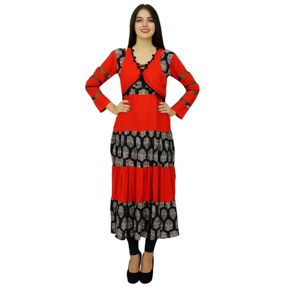Bimba Womens Long Red Dress Flaired Designer Kurta Kurti With boho Chic Racer Back Jacket