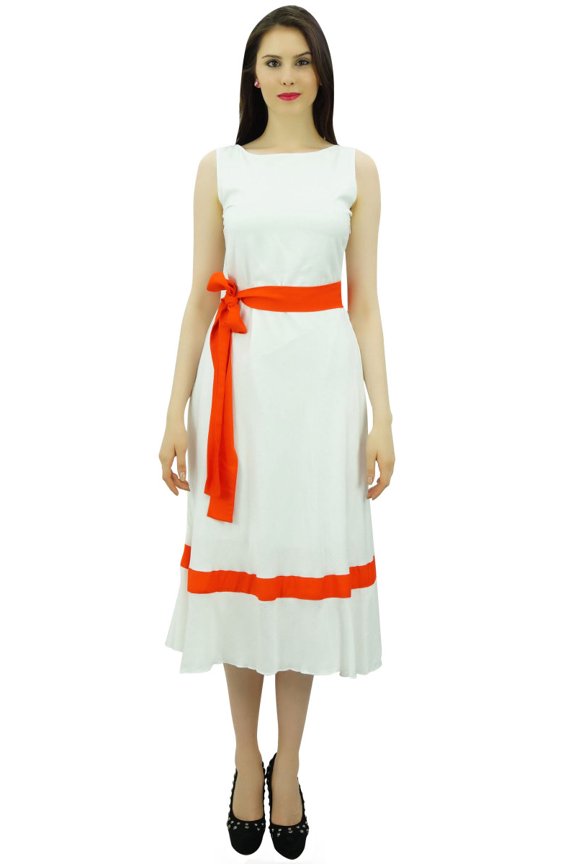 Womens Mid-Calf Length Summer Shift Dress Plain Ruffled Bottom With Fabric Belt