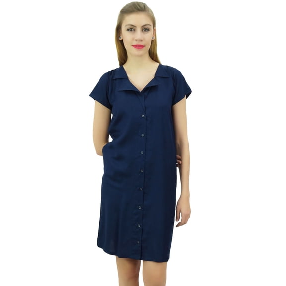 Bimba Womens Navy Blue Long Shirt Getting Ready Buttondown Night Sleepdress-4
