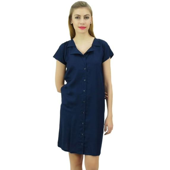 Bimba Womens Navy Blue Long Shirt Getting Ready Buttondown Night Sleepdress-8