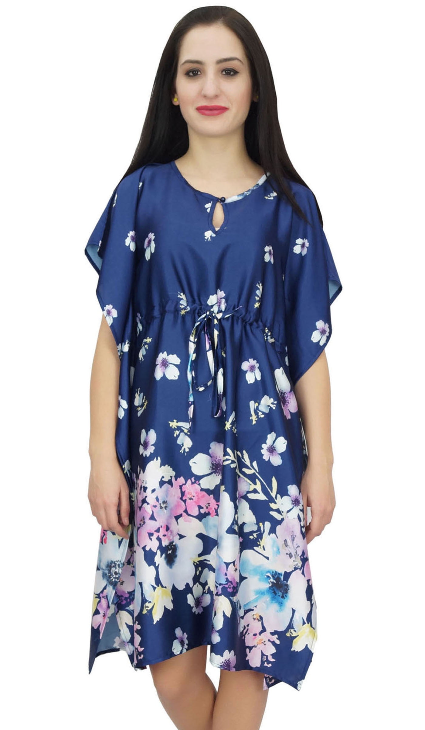 Bimba Women's Kimono Bridesmaid Purple Floral Satin Short Drawstring Kaftan 14