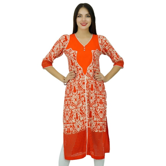 Bimba Womens Orange Printed Rayon Kurti Straight Ladies Kurta 3/4 Sleeve Clothing