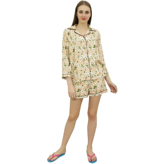 Bimba Womens Peach Rayon Printed Shorts Set Long Sleeve Sleepwear Nightwear - 4