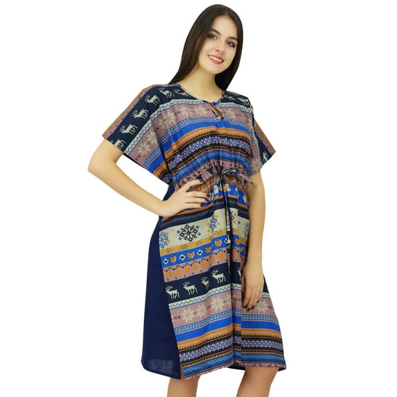 Bimba Womens Printed Cotton Caftan MultiColor Drawstring Kaftan Beach Cover Up Sleep Dress