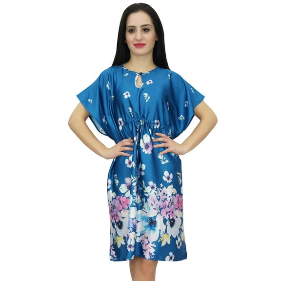 Bimba Womens Satin Floral Teal Blue Kimono Bridesmaid Drawstring Short Kaftan-16