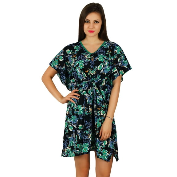Bimba Womens Short Cotton Kaftan Blue Floral Caftan Beachwear Coverup Night Wear