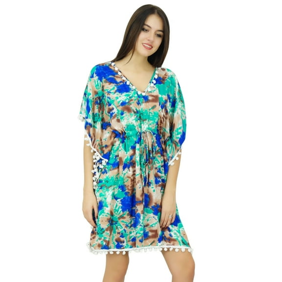 Bimba Womens Short Printed Caftan With Pom-Pom Beach Cover Up Designer Drawstring Kaftan