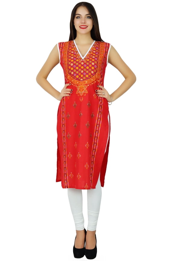 Womens Sleeveless Straight Cotton Kurta Printed Kurti Indian Summer Clothing