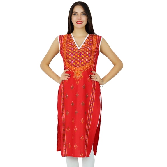 Bimba Womens Sleeveless Straight Cotton Kurta Printed Kurti Summer Clothing