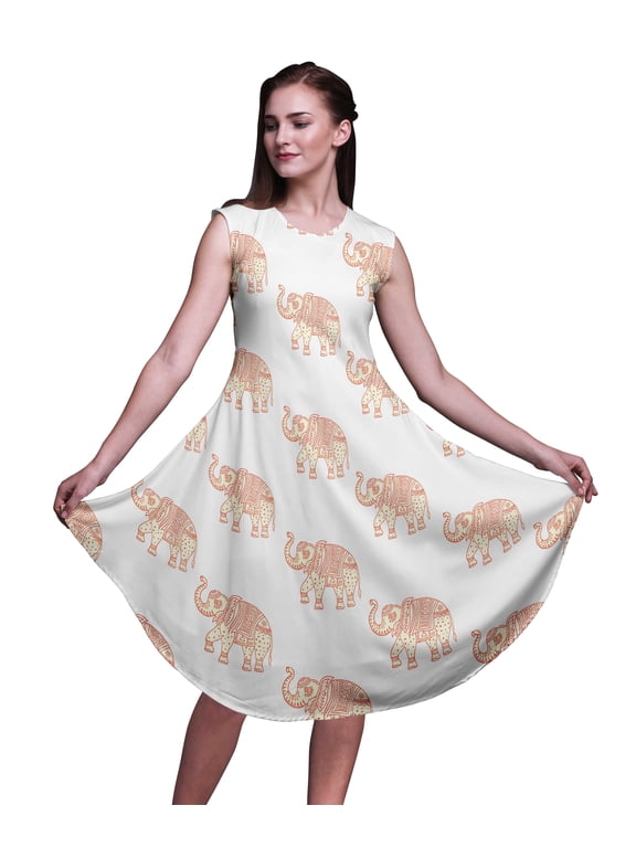 Yellow Elephant Animal Printed Ladies Sleeveless Round Neck Summer Dress Casual Wear-Medium