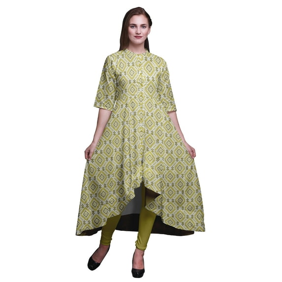Bimba Yellow Ethnic Ikat Indian Ethnic Wear For Women Printed Anarkali Kurti Asymmetrical Dress-XX-Large